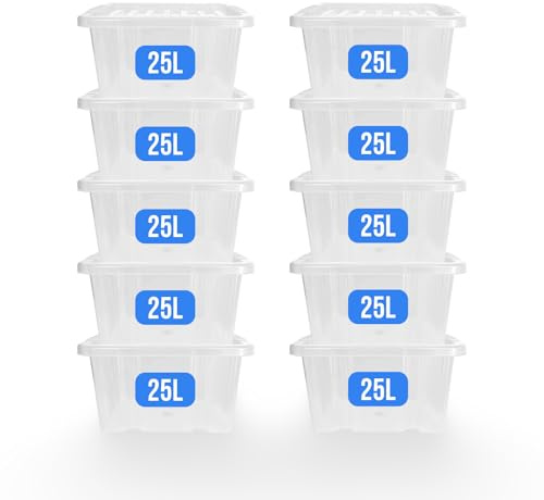 KAPCO Plastic Storage Bins – Medium 25L Clear Boxes with Lids (10 Pack) | Stackable & Strong Storage Box for Clothes, Garage, and Home Moving Boxes | BPA Free Plastic Tubs | 25 Litre – Made in U.K