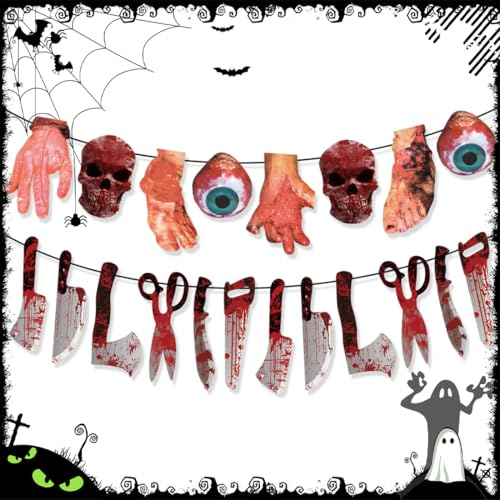 OIXEYA Girlande Folter für Halloween Dekorationen, Halloween Deko Blut Messer Banner, Bloody Horror Deko, HalloweenTür Fenster Gruselrequisiten, für Partys Bars Gärten