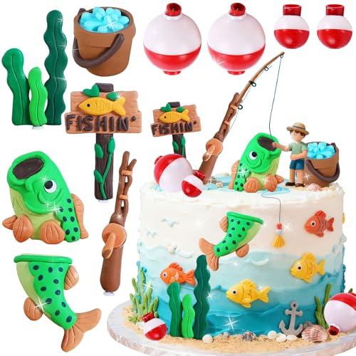 JeVenis Fischerei Kuchendekoration Fischerei Geburtstagsdekorationen Gone Fishing Kuchendekoration Fischerei Geburtstagsdekorationen für Babyparty Ruhestand Abschiedsparty Zubehör
