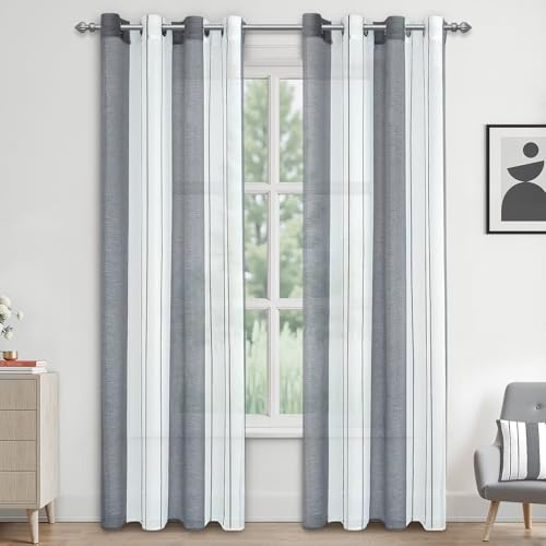 MRTREES Vorhang mit Ösen Gardinen Weiss Halbtransparent Gardinen Wohnzimmer 2er Set 235 x 140 cm (HxB), Elegant Voile Grau-Weiß Gestreift Transparent Fenster Schals