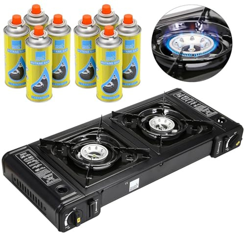 Taylor & Brown Portable Dual Burner Camping Stove, Black with 8 Butane Gas | EN417 Compliant Premium Double Gas Cooker | with Automatic Ignition & Heat Control | for Camping, BBQ & Outdoor Cooking