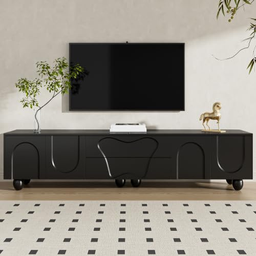Merax 180cm Modern TV Stand Cabinet with Solid Wood Legs, High-Storage TV Unit & TV Table for Living Room, Black Large Media Console with Ample Space & Easy Assembly