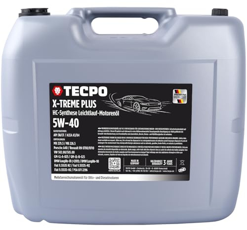 TECPO Motoröl 5W40 Öl X-TREME Plus Öl, 20 Liter 5W-40 Gebinde HC-Synthese für Diesel-und Benzinmotoren entspricht API SN/CF/ACEA A3/B4 / 502/505 / 226.3/226.5 / Longlife 01/98
