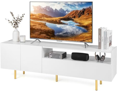 CASART TV Stand Cabinet for 70 Inch TVs, Wooden TV Unit with 5 Metal Legs | Entertainment Center with Storage Cabinet, Drawer & Open Shelf for Living Room Bedroom, White & Gold