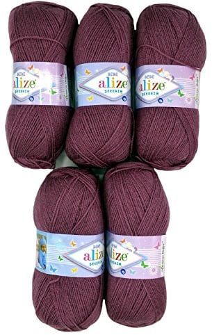 5 x 100g Strickwolle Alize Bebe einfarbig, 500 Gramm Wolle zum Stricken und Häkeln (Beere 28)