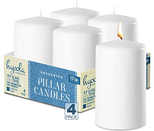 Hyoola Candele Bianche Cilindriche - Candele Decorative a Colonna 5 x 7,5 cm - Candele Lunga Durata Senza Profumo - Set da 4 Candele Bianche Cilindro - Candele Cilindro Made in EU