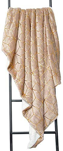 Lancashire Textiles | 130cm x 180cm Metalic Foil Graphic Sherpa Reversible Throws (Mink Rose Gold)