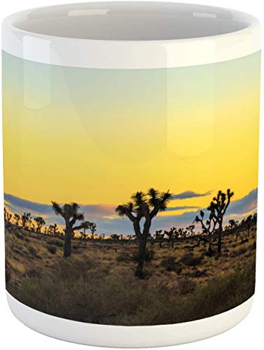 Joshua Tree Mug,Silhouette of Hills and Trees Yellow Sunset Desert Flora Photo Print,Ceramic Coffee Mug Cup for Water Tea Drinks,11 oz,Mustard Green Brown