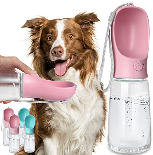 Kalimdor - Borraccia per cani, a prova di perdite, portatile, con mangiatoia per animali domestici, per passeggiate, escursioni, viaggi, in plastica alimentare (rosa)