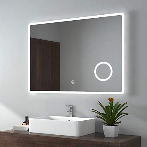EMKE Backlit Illuminated Bathroom Mirror with Shaver Socket 1000x700mm, Wall Mounted Multifunction LED Bathroom Vanity Mirror with Touch Switch, Demister Pad and 3x Magnifier [Horizontal]