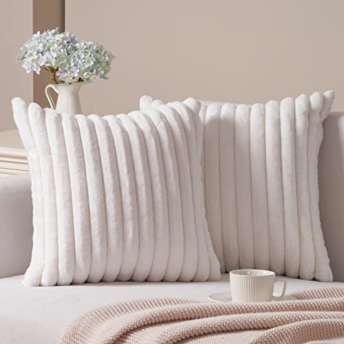 Topfinel 2er Set Kissenbezug 45x45 Creme weiß super weich Kunstfell luxuriös Kuschelkissen Kissenbezüge Kissenhülle mit verdecktem Reißverschluss Sofakissen für Sofa Schlafzimmer Wohnzimmer