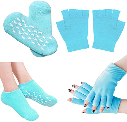 Gel Socken Damen mit Elastischem Anti-Rutsch-Baumwollgel Hand-Spa Feuchtigkeitsspendende Handschuhe Blau 1 Paar Socken + 1 Paar Handschuhe (EU-Größe 35-43,5)