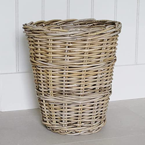 Round Wicker Waste Paper Bin Basket Grey and Buff Rattan