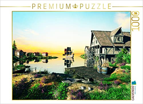 CALVENDO Puzzle Dorf am Meer mit Segelschiff 1000 Teile Puzzle quer | Lege-Größe cm Foto-Puzzle für glückliche Stunden