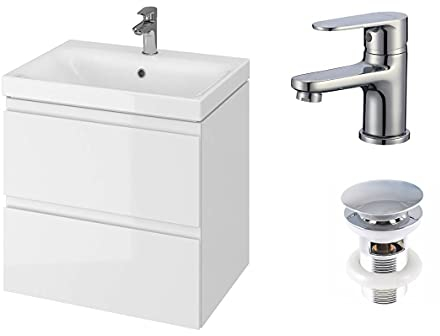VBChome Waschtischunterschrank Set 50 cm – Komplettes Badmöbel-Set mit Keramik Waschbecken, Softclose-Türen – Waschbeckenunterschrank mit Wasserhahn & Ablaufgarnitur, Weiß, Modern & Platzsparend