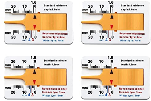 4 Stück Reifen Profiltiefenmesser, Kunststoff Reifenprofil Tiefenmesser, Reifenprofiltiefenmesser, 0-20 mm Tiefe Meter Vernier Tiefenmessschieber, Measure Tool Tyre Tread Depth Gauge,Yellow