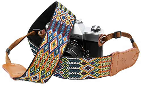 Padwa Lifestyle Sangle Appareil Photo - Extrémités en Cuir de Vachette Double Couche, Sangle en Coton Brodé de 2, Bandoulière Photographe Réglable pour Tous les Appareils Photo DSLR