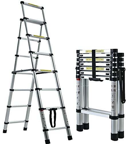 ZJDYDY + 7 Stufenleiter 2-Wege-Kombinationsleiter Aluminium A-Rahmen-Stehleiter-Verlängerung Teleskopleiter Leichtgewicht 150 kg Kapazität für Zuhause, Küche, Büro, Haushalt, Mehrzweckleiter