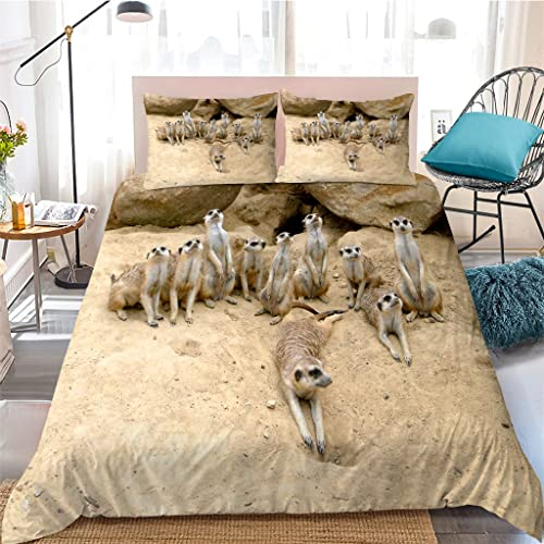 3D Drucken Bettwäsche 135x200 Buff ErdmäNnchen, Mikrofaser Bettbezug + 2 Kissenbezug 80x80cm - Mit Reisverschluss Pflegeleicht BettwäSche-Sets Geeignet FüR Erwachsene Und Kinder