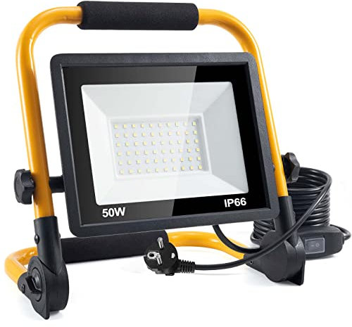 LED Baustrahler, 50W 5000LM Arbeitsleuchte, IP66 Wasserdicht Baustrahler LED mit Stativ und 4M Kabel, Tragbar für Werkstatt oder Baustelle,Garage, 6500K (50W)