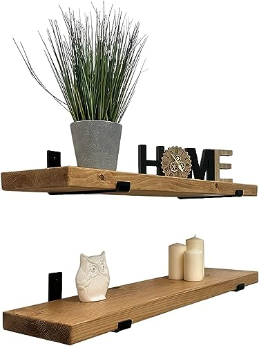 Handcrafted Rustic Wooden Shelves Wall-Mounted Floating Shelves with Seated Black L Brackets, Made from Reclaimed Timber - Ideal for Bathroom or Living Room Decor (Set of 2, 70 cm Long)