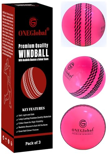 ONEGlobal Premium Windball Weiche Cricketbälle | Langlebig & sicher, farbige Naht, realistischer Sprung & Schwung | Indoor-/Outdoor-Coaching, Training, Garten & Strandspiele (3 Rosa)