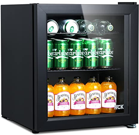 HCK 48L Mini Fridge with Glass Door, 0-15°C Cooling Zone and 2 Shelves, Compact Beverage Refrigerator Cooler for Bar and Living Room
