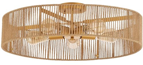 MhyTogn 60 cm Natürliche Rattan-Einbau-Deckenleuchte Antik Messing Bürstenlack-Finish Boho-Kronleuchte für Veranda Terrasse Flur Schlafzimmer Wohnzimmer Kücheninsel 5-Licht
