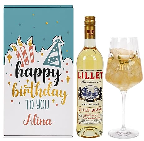 Herz & Heim® Happy Birthday - Geschenkset mit graviertem Weinglas, Geschenkbox und einer Flasche Lillet Blanc