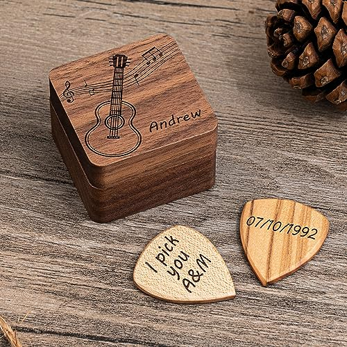 Personalisierte Gitarrenplektren aus Holz mit Etui, individueller Gitarrenplektrumhalter, Musiker-Plektrum-Box, Vatertags-/Weihnachts-/Geburtstagsgeschenk für Gitarrenspieler