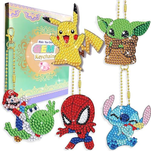 Sencangxun Diamond Painting Kinder Jungen Anime Schlüsselanhänger Set - Bastelset Kinder ab 6 Jahre, Beidseitig Giänzende Diamanten Kreative kinder geschenke (5 StüCk)
