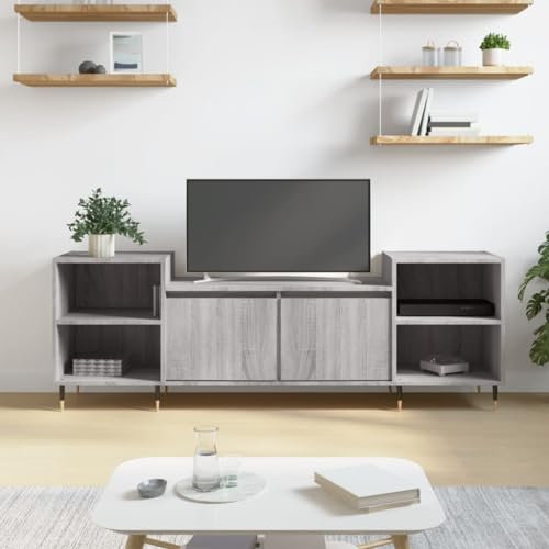 TJROO TV-Schrank Sonoma-Grau 160 x 35 x 55 cm aus mehrschichtigem Holz und Metall – Vitrine mit Türen, Schrank, Konsole, Regal unter TV