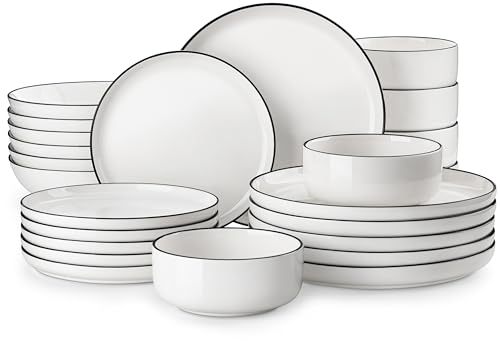 MALACASA Vajillas Completas Modernas Porcelana, 24 Piezas para 6 Personas con 6 Platos Llanos, 6 Platos de Postre, 6 Cuencos y 6 Platos Hondos, Blanco con Borde Negro, Serie LUNA