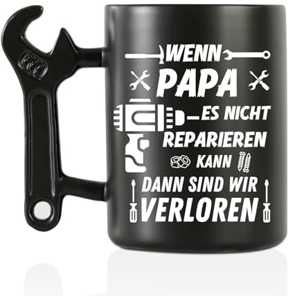 Onebttl Papa Geschenke Kaffeebecher mit Schraubenschlüssel Griff, Vatertag Geschenke für Papa von Tochter und Sohn, Lustige Keramik Becher für Vater auf Geburtstag, Weihnachten, 400ML