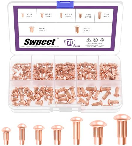 Swpeet 170 pezzi M2 M2.5 M3 M4 × 6 mm 8 mm 10 mm rosso rame solido kit di rivetti semicircolari per la riparazione di barche, aerei