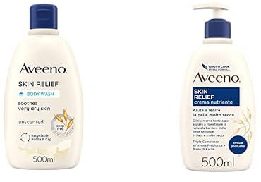 Aveeno, Bagno Doccia Lenitivo, Skin Relief, Crema Nutriente Lenitiva, Senza Profumo, due confezioni da 500ml