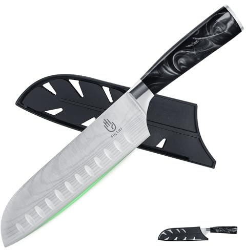FULLHI Couteau santoku, couteau japonais de 7 pouces avec garde, couteau de cuisine en acier inoxydable pour la coupe de sushis avec étui (Résine noire)