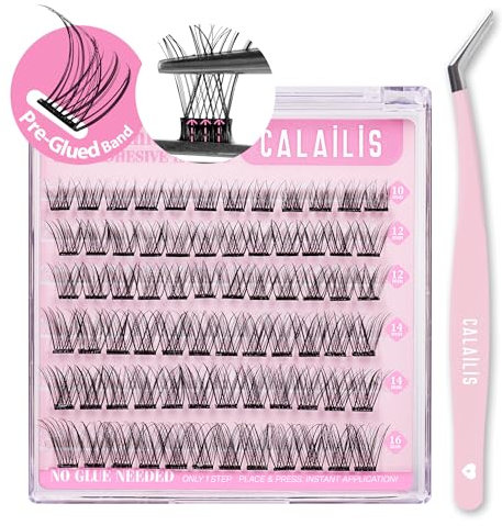 CALAILIS Selbstklebende Wimpern 72 Stück D Curl Druck auf Kein Kleber erforderlich Einzeln Wimpern Vorgeklebt Wiederverwendbares Kleberfreies Wimpern-Cluster-Set mit Pinzette für Anfänger (DM4,10-16)