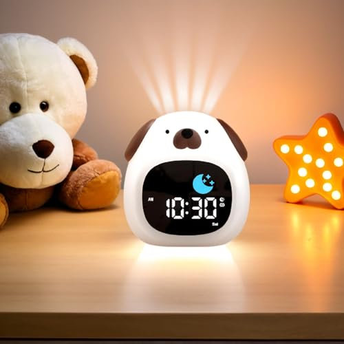 xinjinhju Kinder Wecker Nachtlicht mit 9 Lichtfarben und 6 Weißen Geräuschen, Digitaluhr zum Schlaftraining, Helligkeit und Ton Einstellbar, Geschenke für Jungen Mädchen – Welpe