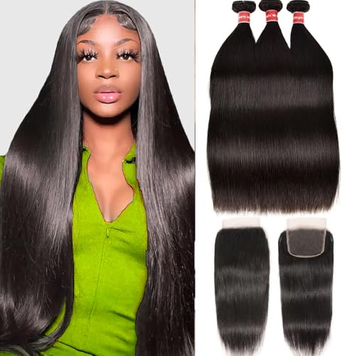 Oshiney Brazilian Straight Human Hair 10A with Closure Straight 4x4 Lace Closure Remy Human Hair 3 Bundles with Closure Natural Black Color