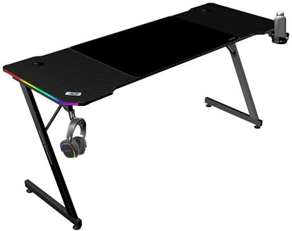 Mars Gaming MGD-X160RGB, Mesa Gaming Ergonómica, Iluminación ARGB con Mando, Fibra de Carbono, Alfombrilla XXL, Soporte Auriculares y Bebida, Gestión Cableado, Escritorio Gaming 160x60cm, Negro