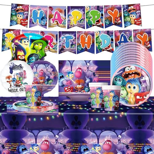 Set Stoviglie Compleanno Inside, Palloncini Decora Feste Inside, Stoviglie Feste Cartoni Animati con piatti carta tovaglioli bicchieri tovaglie palloncini, per Ragazzi Ragazze Accessori Feste Tema