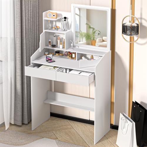 OSKOPWRC Schminktisch, Moderner Schminktisch mit LED-beleuchtetem Spiegel und 2 Schubladen, Weiß, Holzrahmen, Einstellbare Helligkeit für Schlafzimmer, Haustier