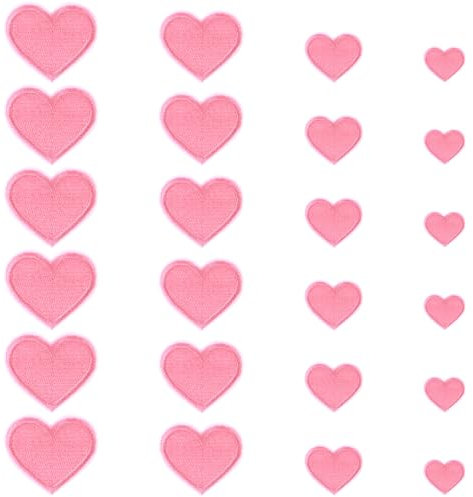 24 PCS Heart Shape Iron on Patches 4 Sizes Pink Heart Patches for Clothes Embroidered Hearts Applique Valentines Mini Hearts Sew on Patch Badge Stickers for Jackets Dress Hat DIY
