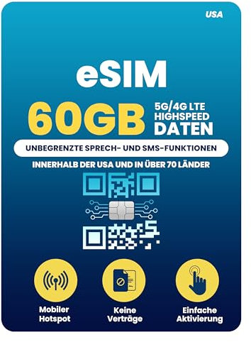H2O Wireless eSIM-Karte – 60 GB Highspeed-5G/4G-LTE-Daten, unbegrenzte Gespräche und SMS in über 70 Länder, 5 GB mobiler Hotspot, kompatibel mit entsperrten Telefonen, einfache Aktivierung, 30 Tage