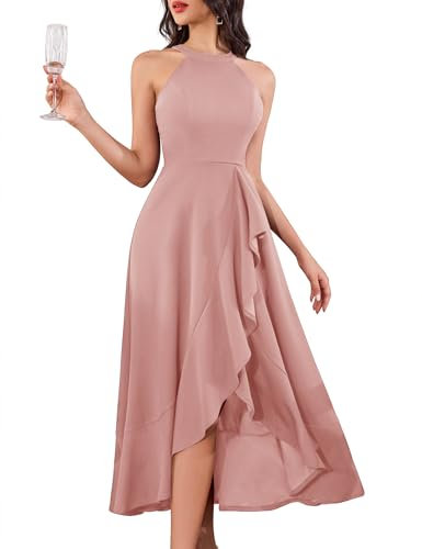 Aupuls Robe longue formelle dos nu à volants fendus pour femmes, robe longue élégante, robe de bal, de cocktail, d'invitée de mariage, rose poudré, L