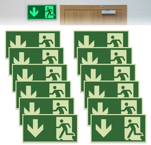 12 cartelli per uscita di emergenza, di alta qualità, con freccia inferiore, 300 x 150 mm, autoadesivi