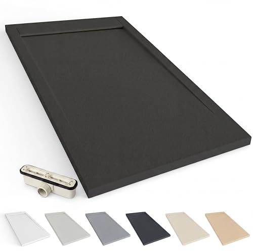 NEBADOON Plato de Ducha Resina Venecia Antideslizante 90x120 Negro | Antibacteriano, textura pizarra cálida al tacto, válvula 60 l/min incluida, corte a medida, fabricado en España