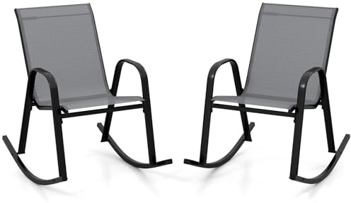 GOPLUS Schaukelstuhl 2er Set, Gartenstuhl atmungsaktiv mit ergonomischer Rücklehne & Armlehne, Balkonstuhl bis zu 150kg, Verandaschaukelstuhl Terassenstuhl für Garten Veranda Pool (Grau)