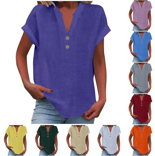 Camicetta estiva da donna, a maniche corte, con bottoni, in lino, elegante, in cotone e lino, oversize, leggera, traspirante, in lino, taglie forti, A - Viola chiaro, 5XL
